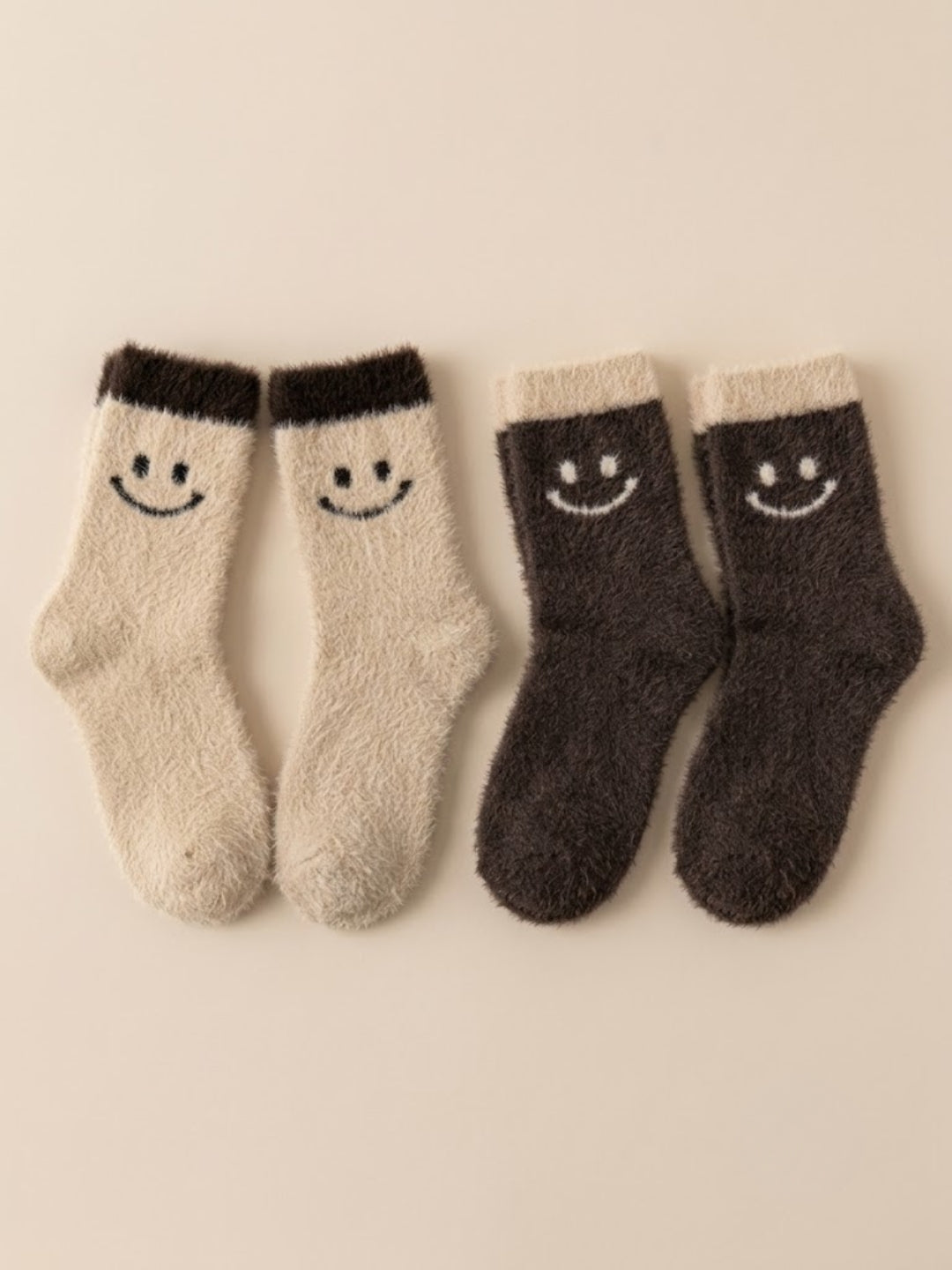Cdeck Women’s Fuzzy Wool Socks Combo | Soft & Warm Winter Socks | Cute Smiley Face Design | Beige & Brown | Free Size |