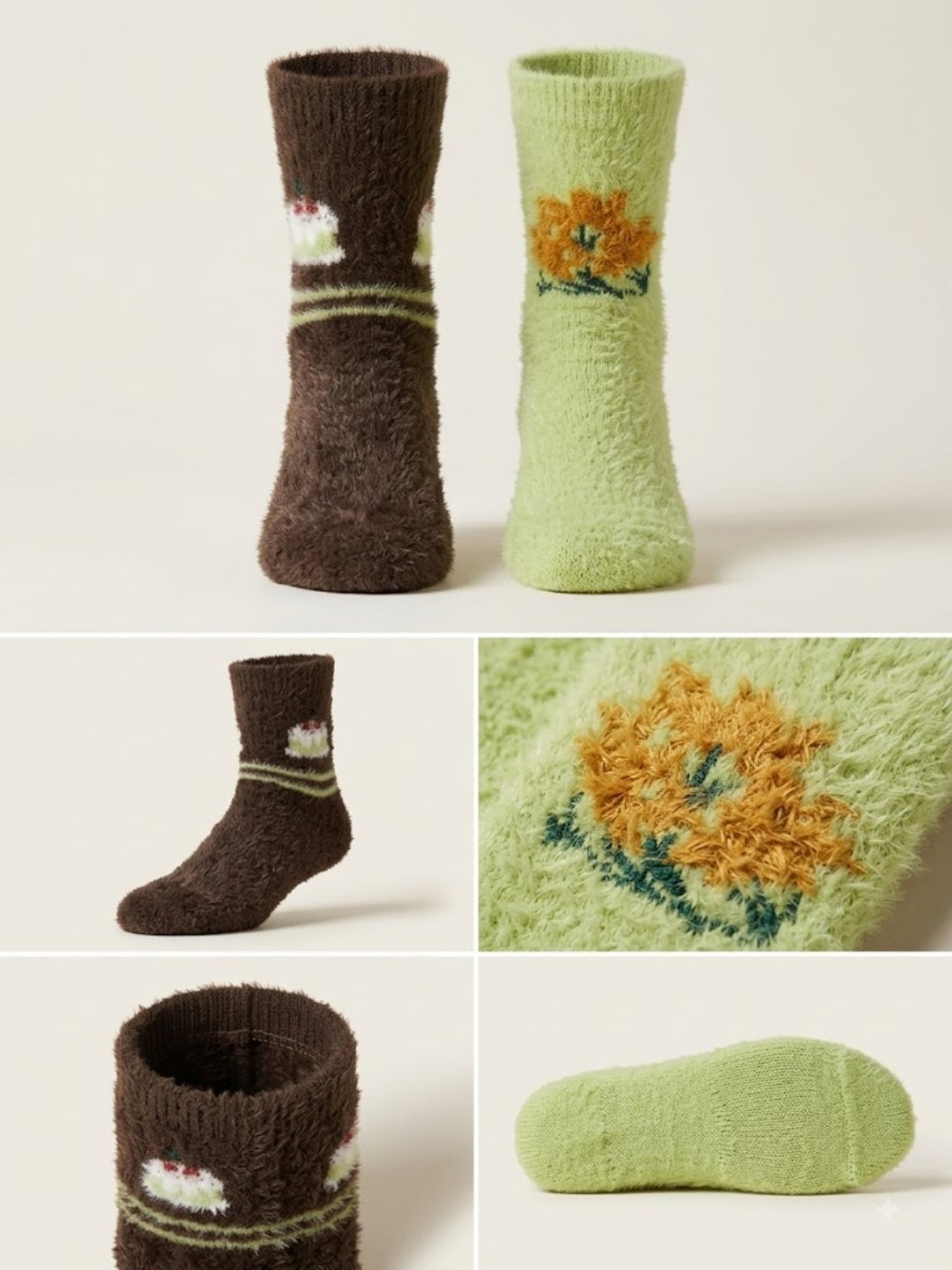 Cdeck Women’s Soft & Warm Fuzzy Winter Socks Combo | Free Size | Brown & Lime Green