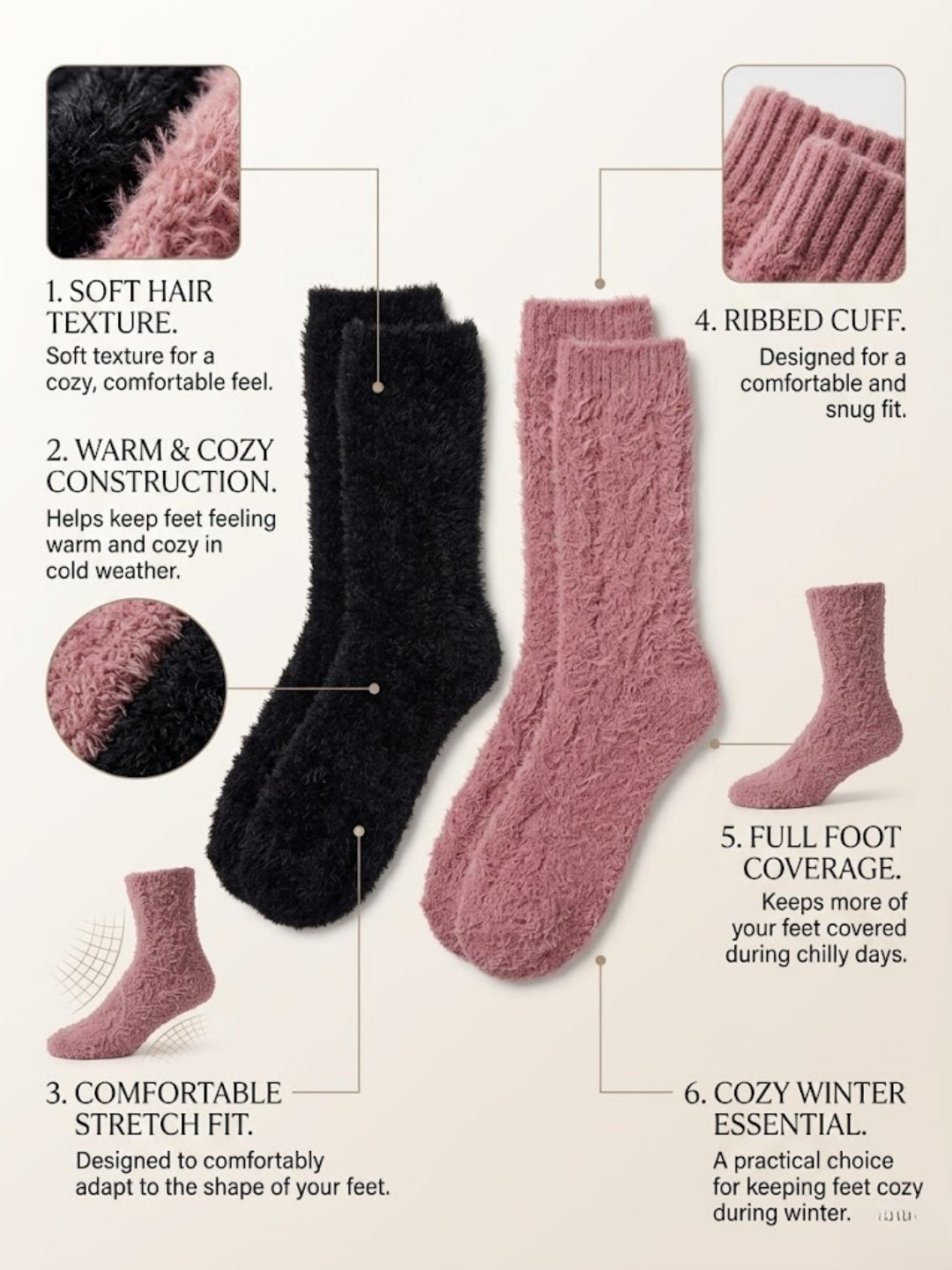 Cdeck Women’s Soft & Warm Woolen Fuzzy Socks | Cozy Thick Winter Socks for Women | Black & Pink Combo