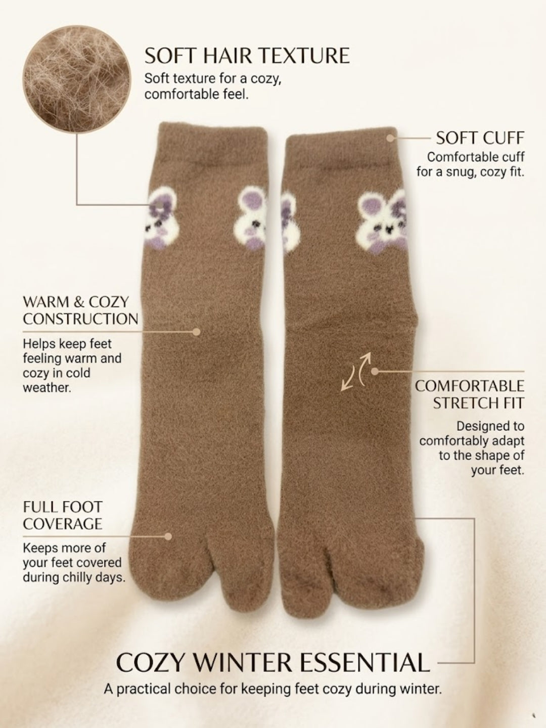Cdeck Women’s Premium Fuzzy Split-Toe Socks – Cute Bunny Design, Warm Winter Socks | Free Size | Brown
