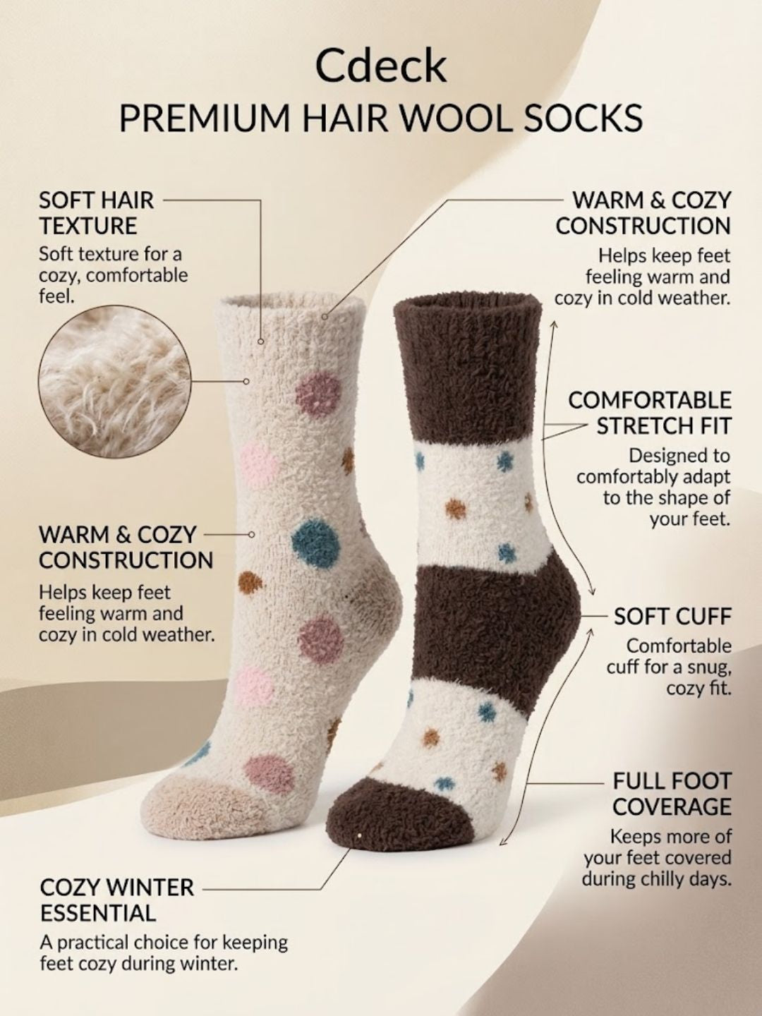Cdeck Women’s Premium Hair Wool Fuzzy Socks Combo | Soft & Warm Thick Winter Socks | Cream & Brown