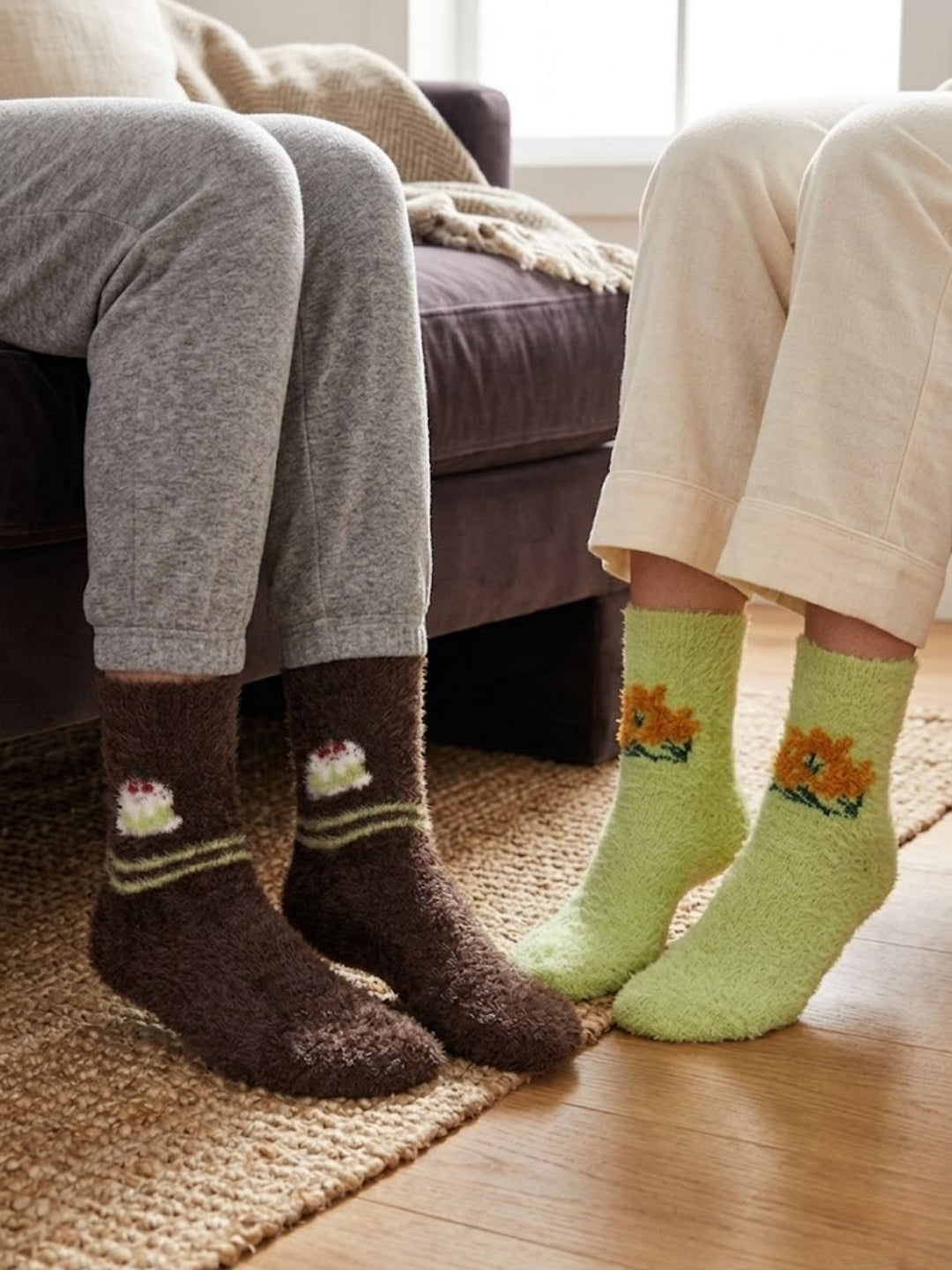 Cdeck Women’s Soft & Warm Fuzzy Winter Socks Combo | Free Size | Brown & Lime Green