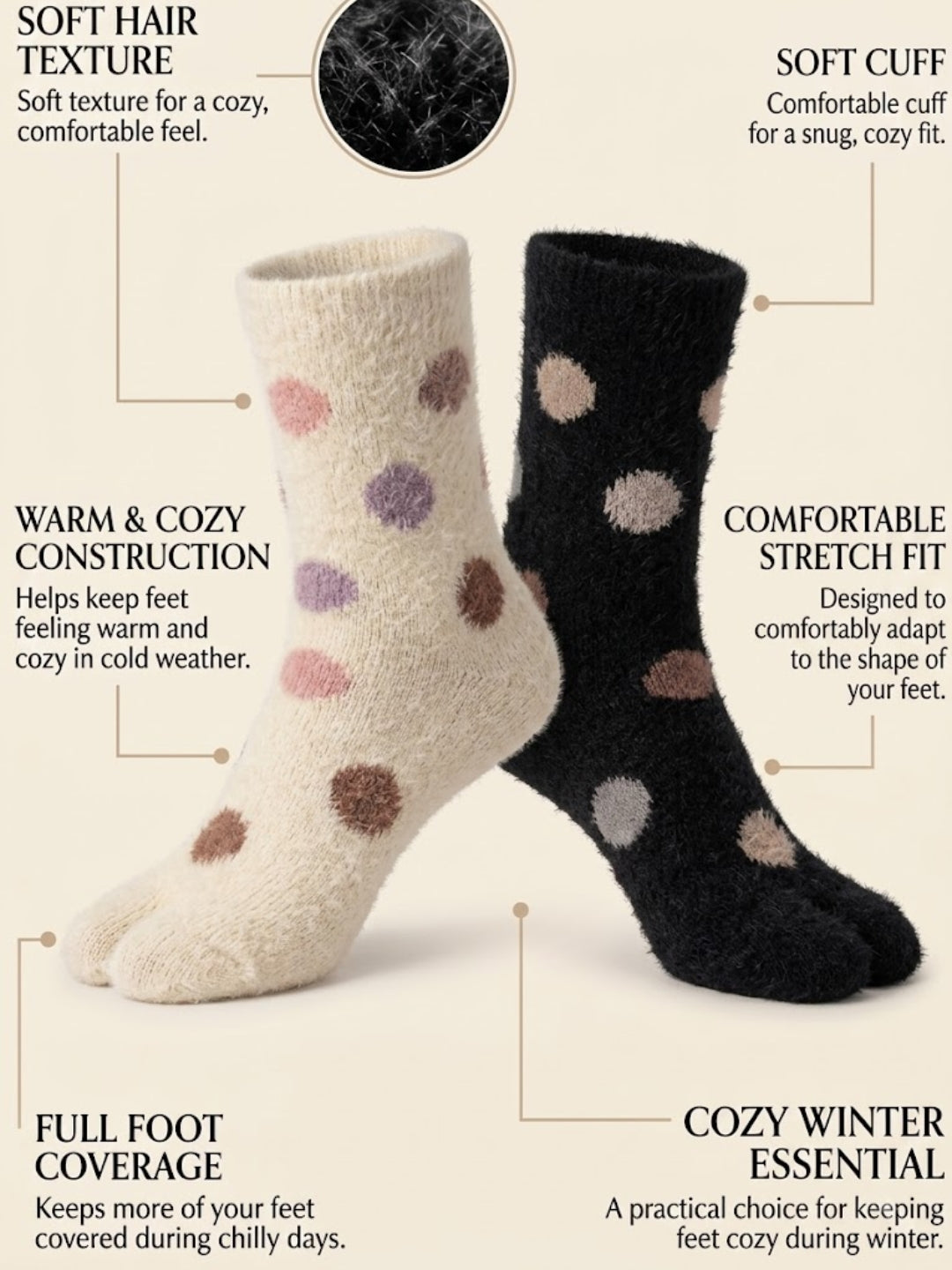 Cdeck Premium Warm Socks for Women | Soft Cozy Rabbit Hair Wool | Stylish Polka Dot Design | Black & Cream