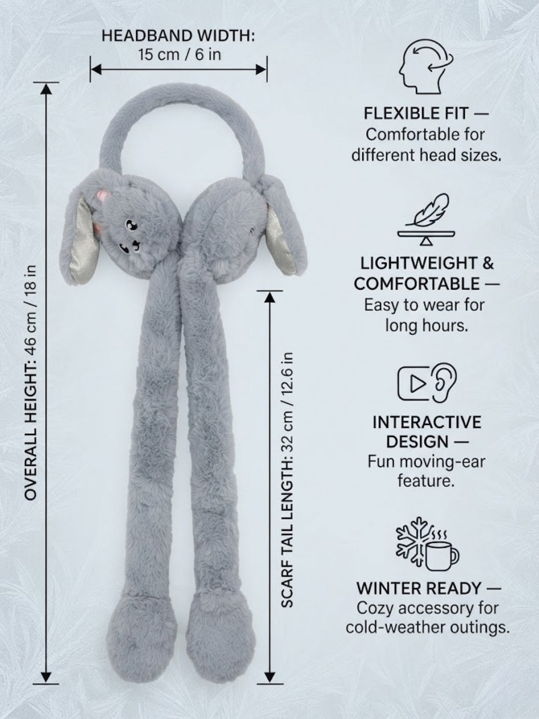 Cdeck Velvet Grey Bunny Earmuffs for Girls & Women, Soft Warm Winter Earmuffs with Long Hanging Ear Covers, Free Size