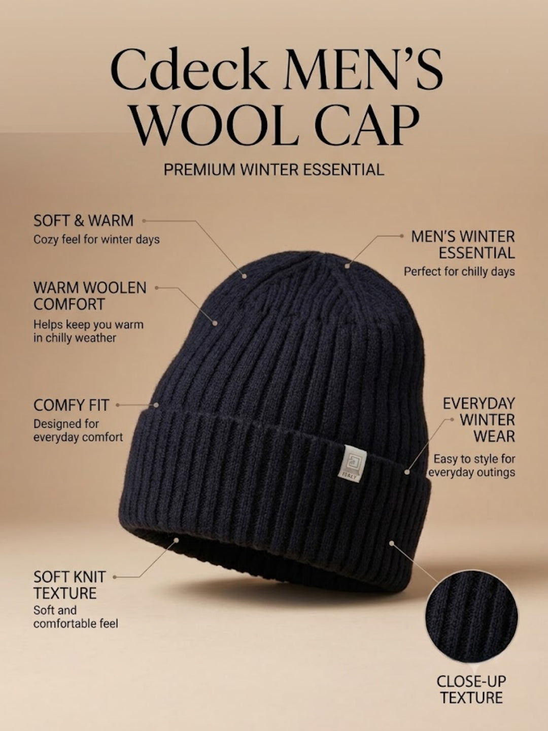 Cdeck Men’s Woolen Winter Cap | Ribbed Knitted Beanie | Free Size | Warm & Comfortable | Black