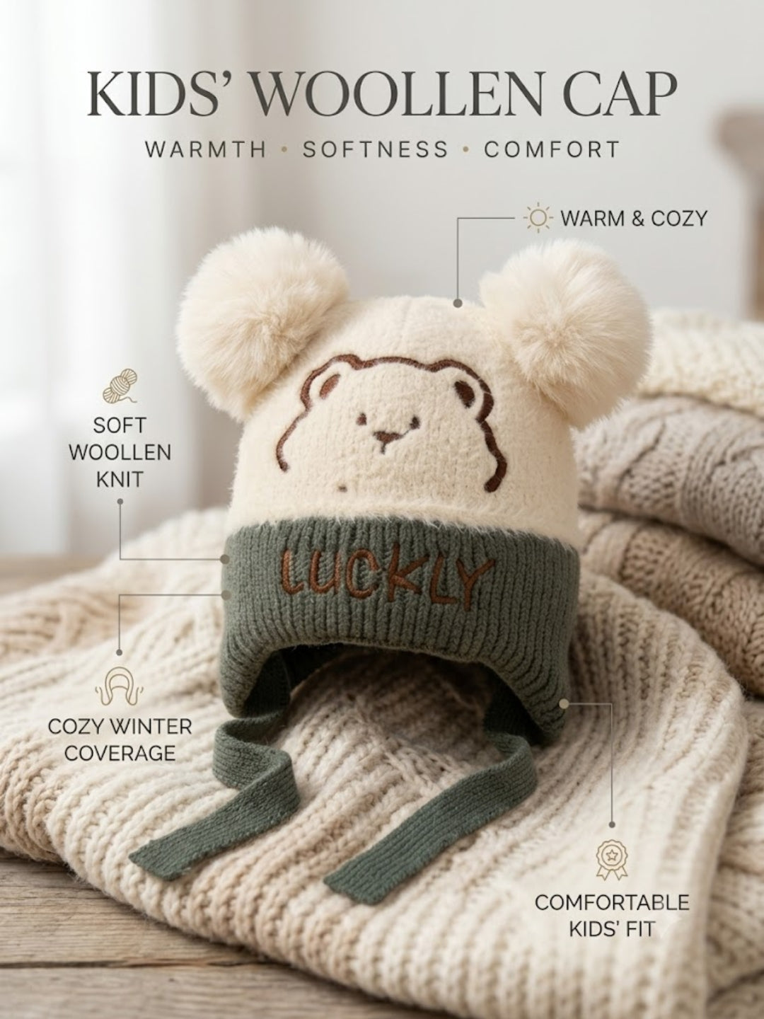 Cdeck Kids Woolen Winter Cap for Boys & Girls | Warm & Comfortable Winter Wear | 2–4 Years | Cream