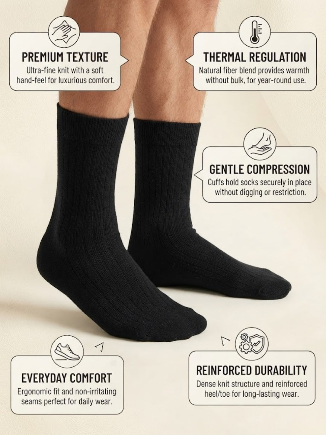 Cdeck Unisex Woolen Winter Socks | Soft Warm Wool Socks for Men & Women | Cozy Comfortable Winter Socks | Full Length | Black
