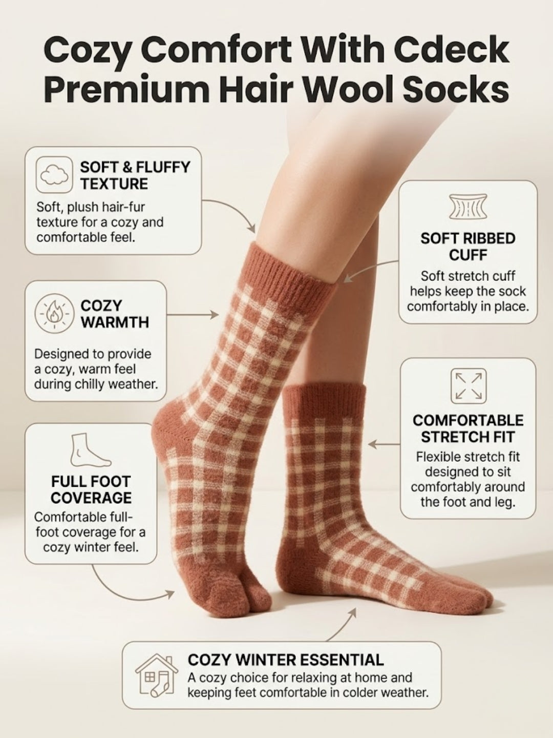 Cdeck Women’s Premium Rabbit Hair Wool Split-Toe Warm Winter Socks –| Free size |Brown & Cream