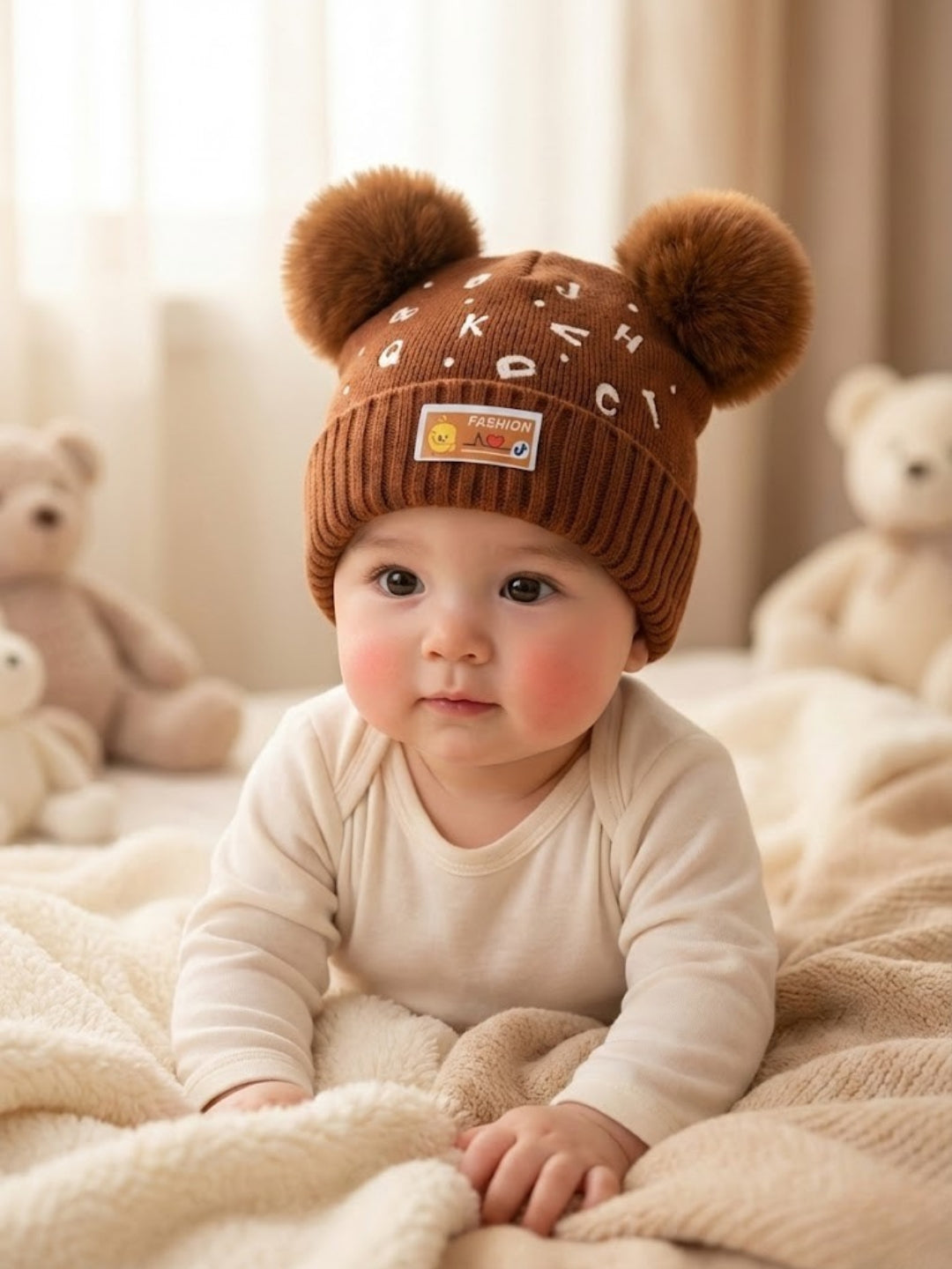 Cdeck Kids Woolen Winter Cap with Double Pom Pom Design | Soft, Warm & Comfortable | 1–3 Years