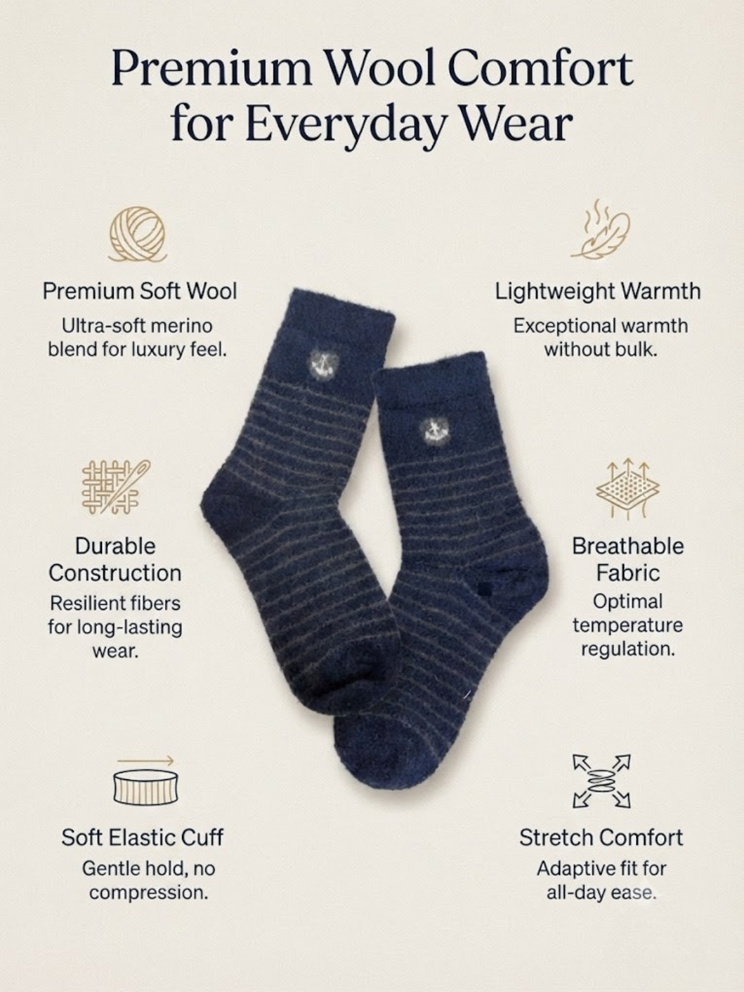 Cdeck Men’s Soft Wool Socks | Warm & Comfortable Navy Striped Socks