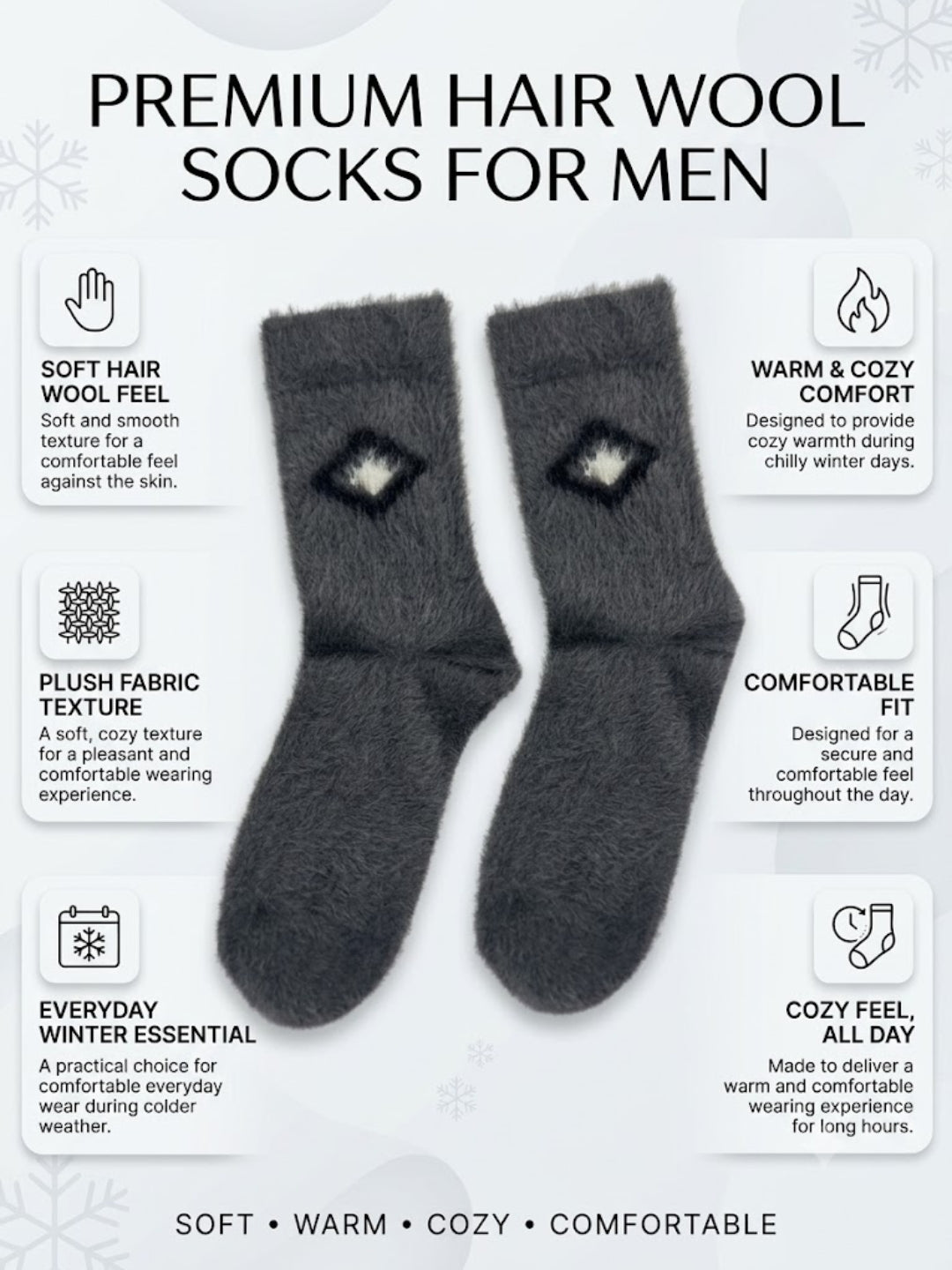 Cdeck Men’s Premium Hair Wool Winter Socks | Single Pair | Soft, Fuzzy, Warm & Comfortable Free Size | Dark Grey