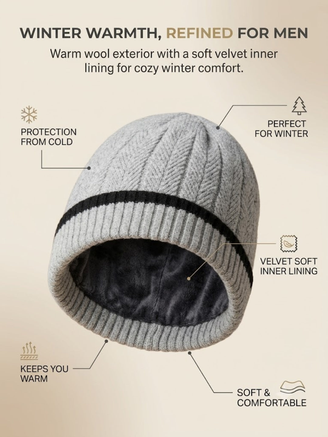 Cdeck Men’s Winter Woolen Cap | Ribbed Knit Beanie | Free Size | Soft & Warm | Grey