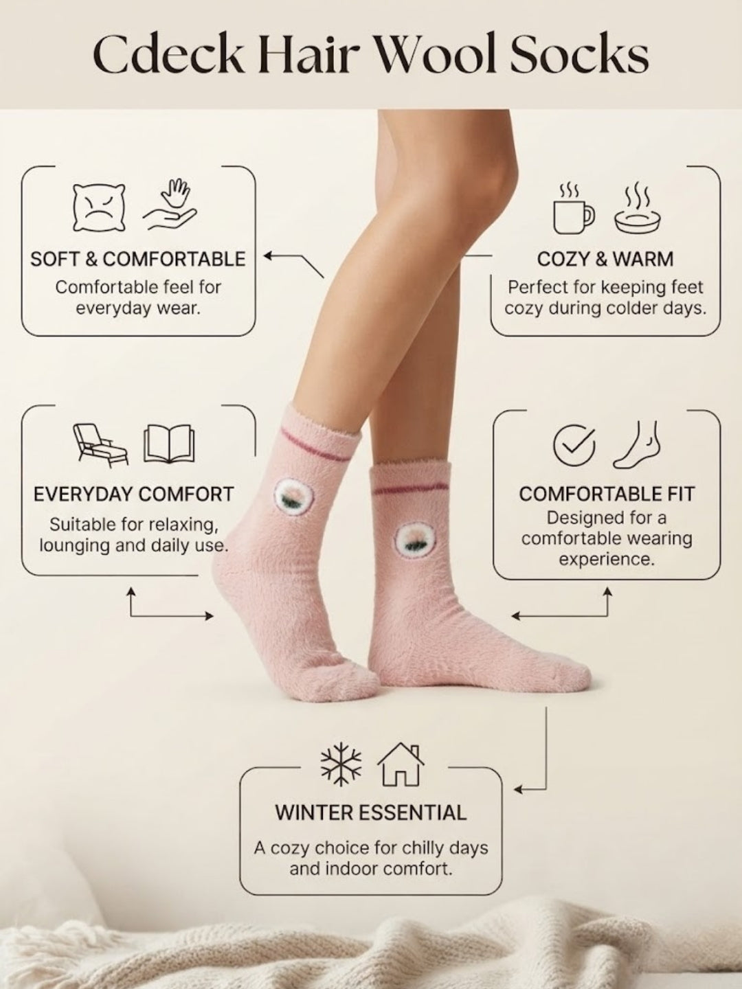Cdeck Women’s Premium Rabbit Hair Wool Socks – Soft Fuzzy Mid-Calf Warm Winter Socks