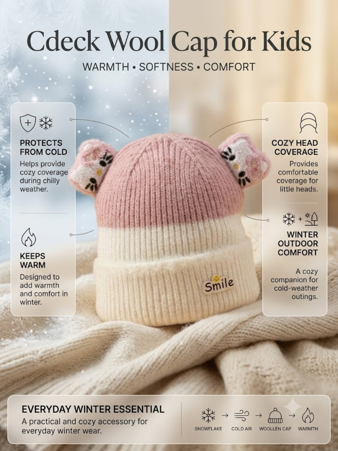 Cdeck Kids Woolen Winter Cap for Boys & Girls | Warm & Comfortable Winter Wear | 2–4 Years | Pink