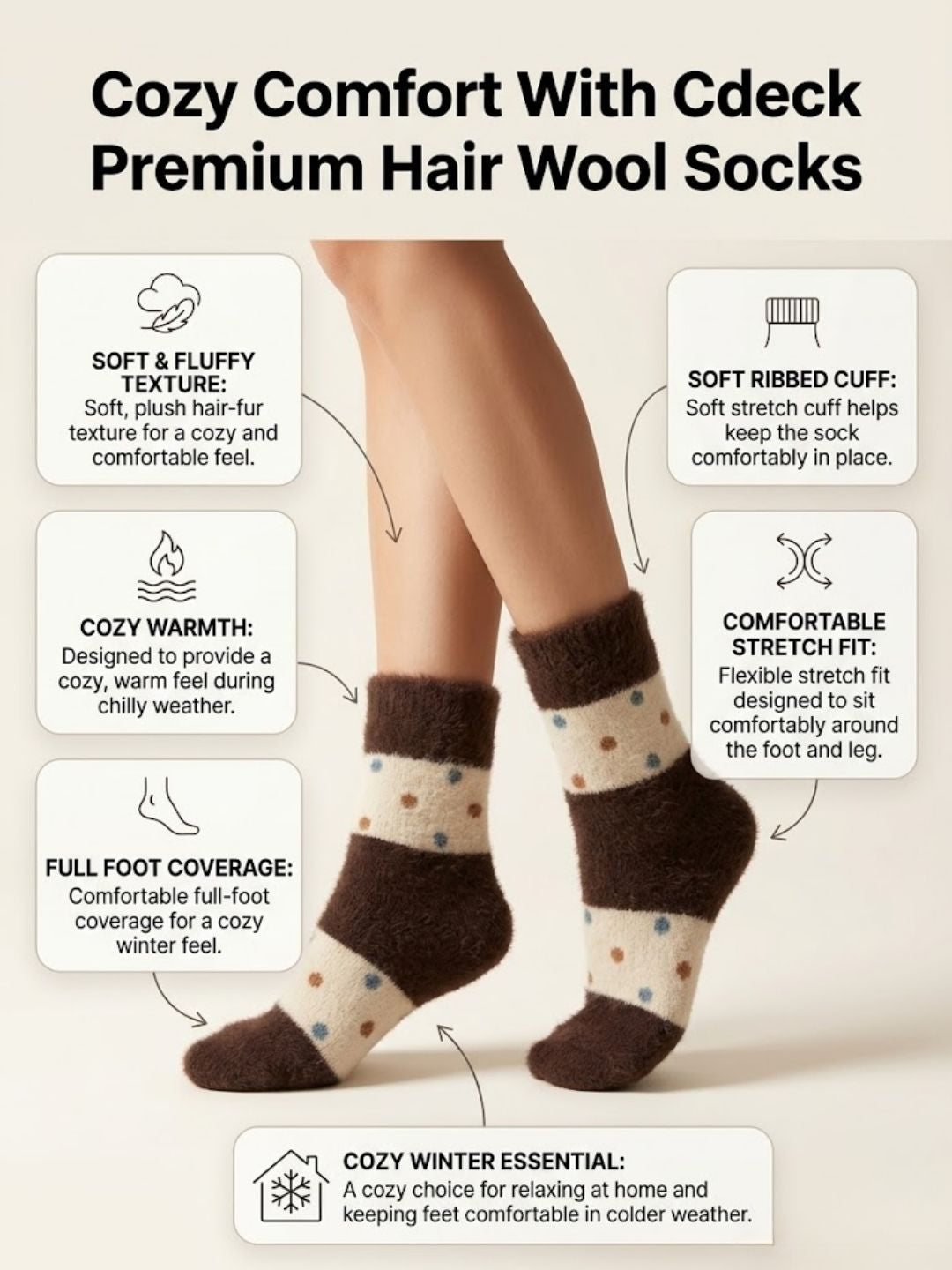 Cdeck Women’s Premium Hair Wool Fuzzy Socks | Soft & Warm Thick Winter Socks | Brown & Cream