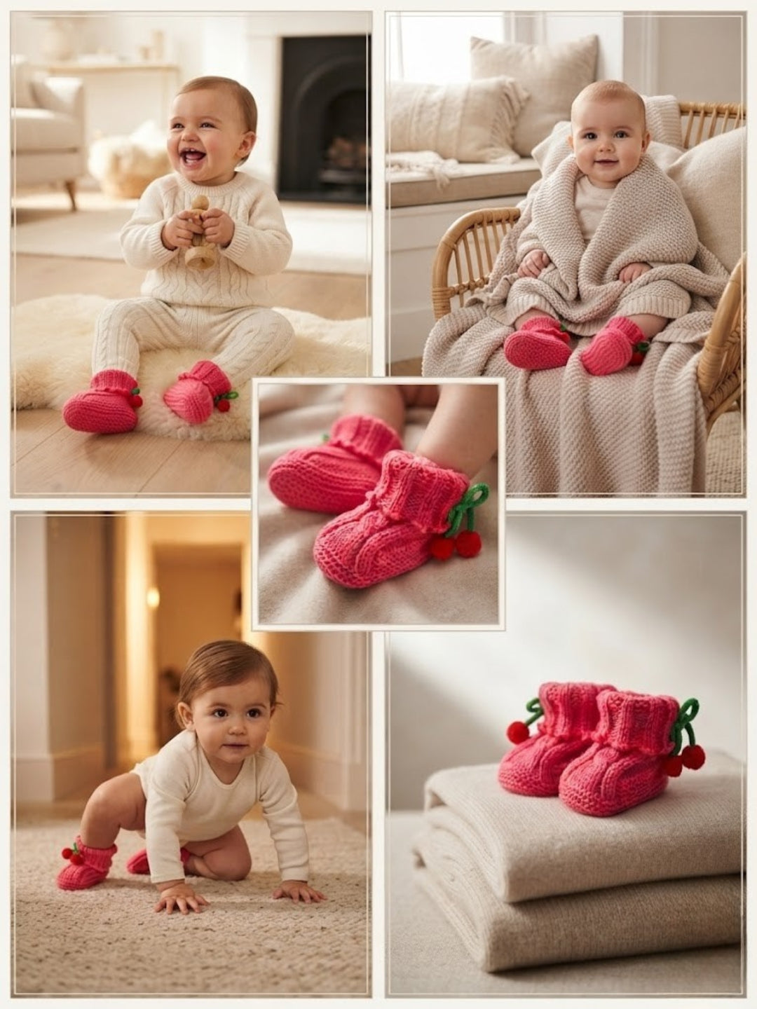 Baby Wool Booties with Cherry Pom-Pom Design | Soft Knitted Baby Shoes | Cute Pink Booties for Babies 0–9 Months