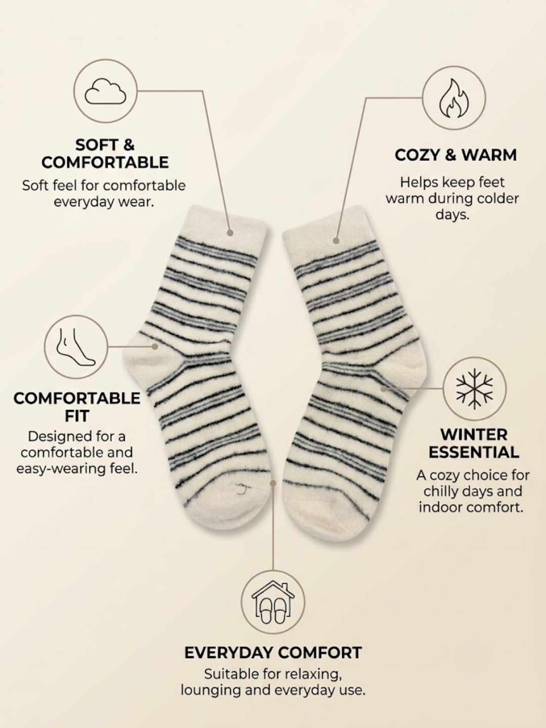 Cdeck Men’s Hair Wool Winter Socks | Single Pair | Soft, Warm, Fuzzy & Stretchable | Cream Striped