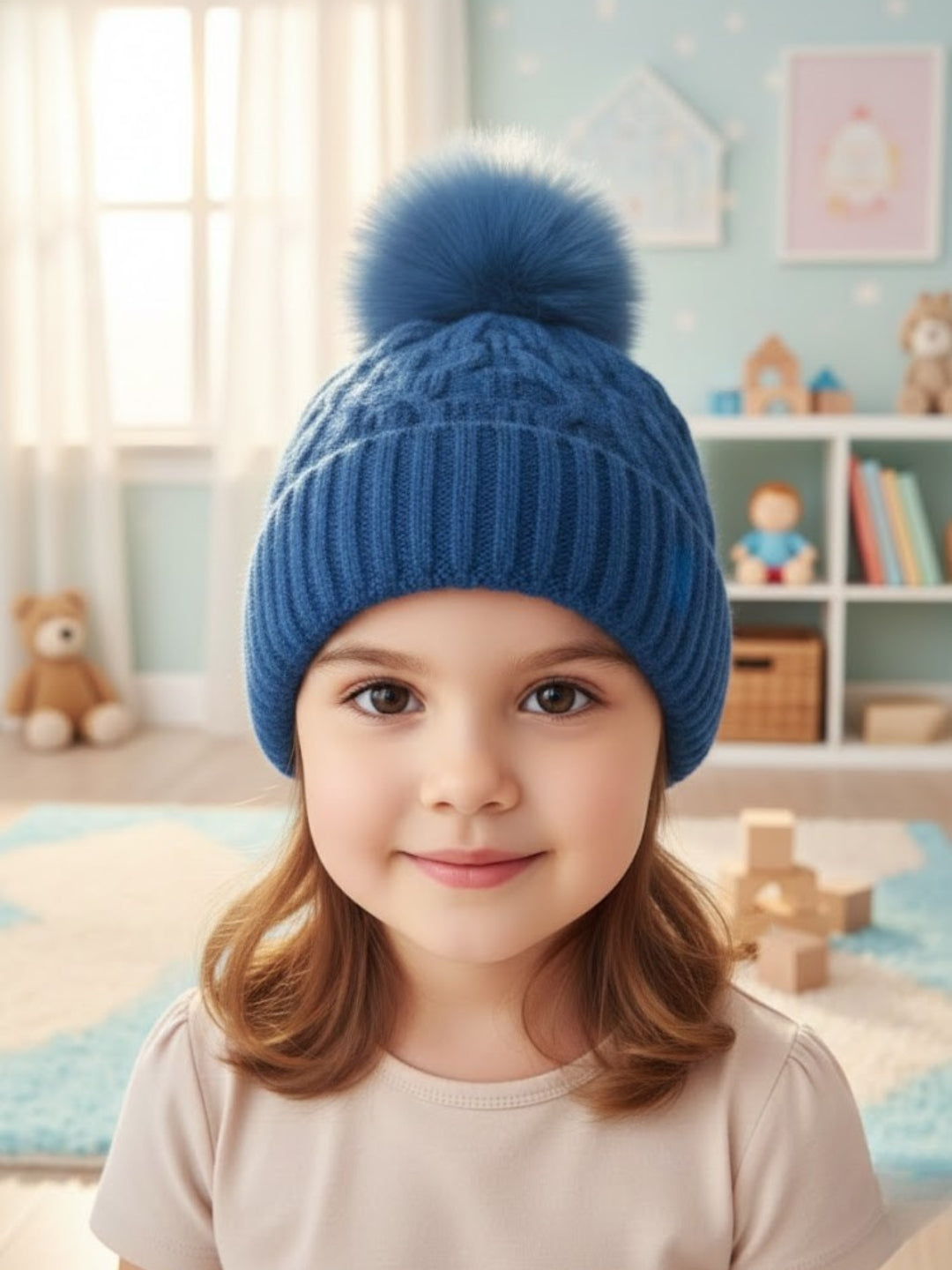 Cdeck Unisex Cable Knit Woolen Winter Beanie Cap with Pom Pom | Soft & Warm | 2–4 Years