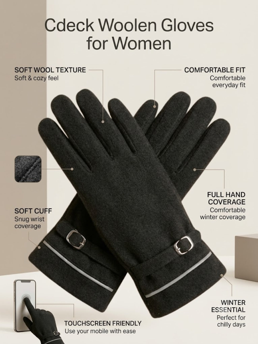 Cdeck Women’s Woolen Gloves | Warm Winter Gloves | Touchscreen Friendly | Free Size | Black