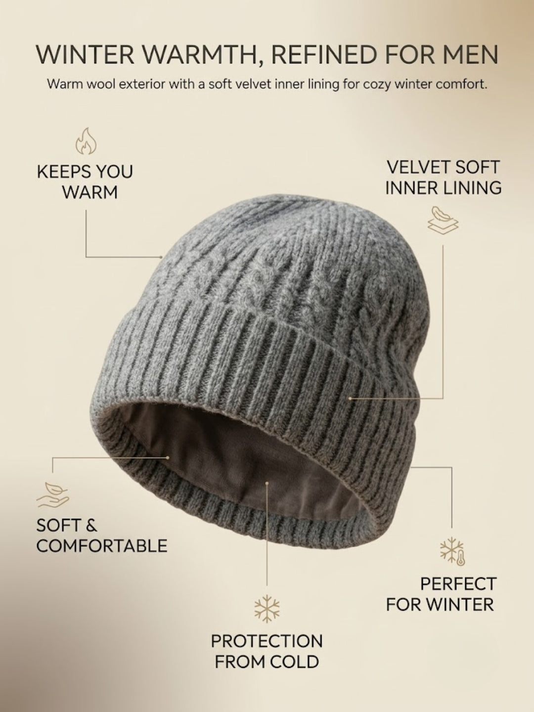 Cdeck Men’s Winter Woolen Cap | Ribbed Knit Beanie | Free Size | Soft & Warm | Grey