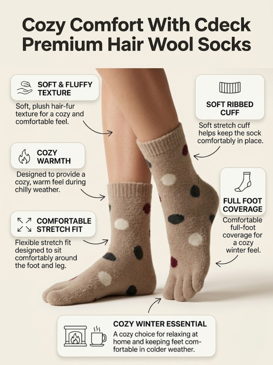 Cdeck Warm Socks for Women & Girls | Soft Cozy Comfortable Everyday Home Wear | Beige