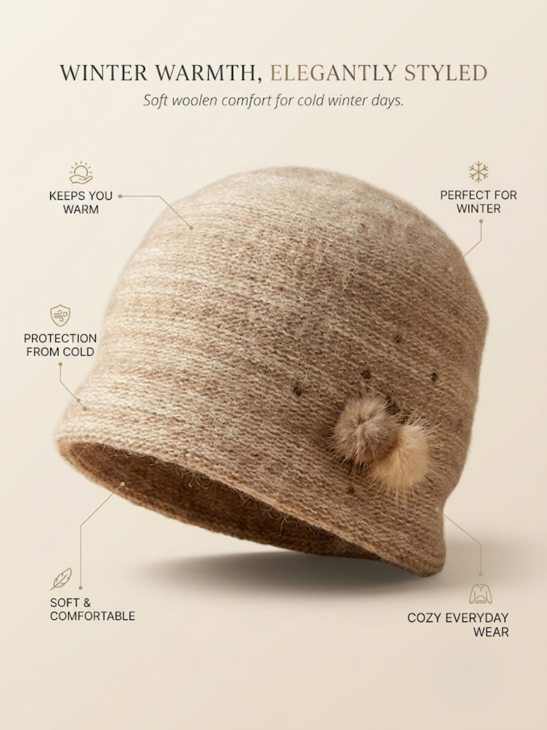 Cdeck Women Woolen Cap | Soft Knitted Winter Beanie for Women | Warm & Stylish Winter Wear | Free Size| Brown