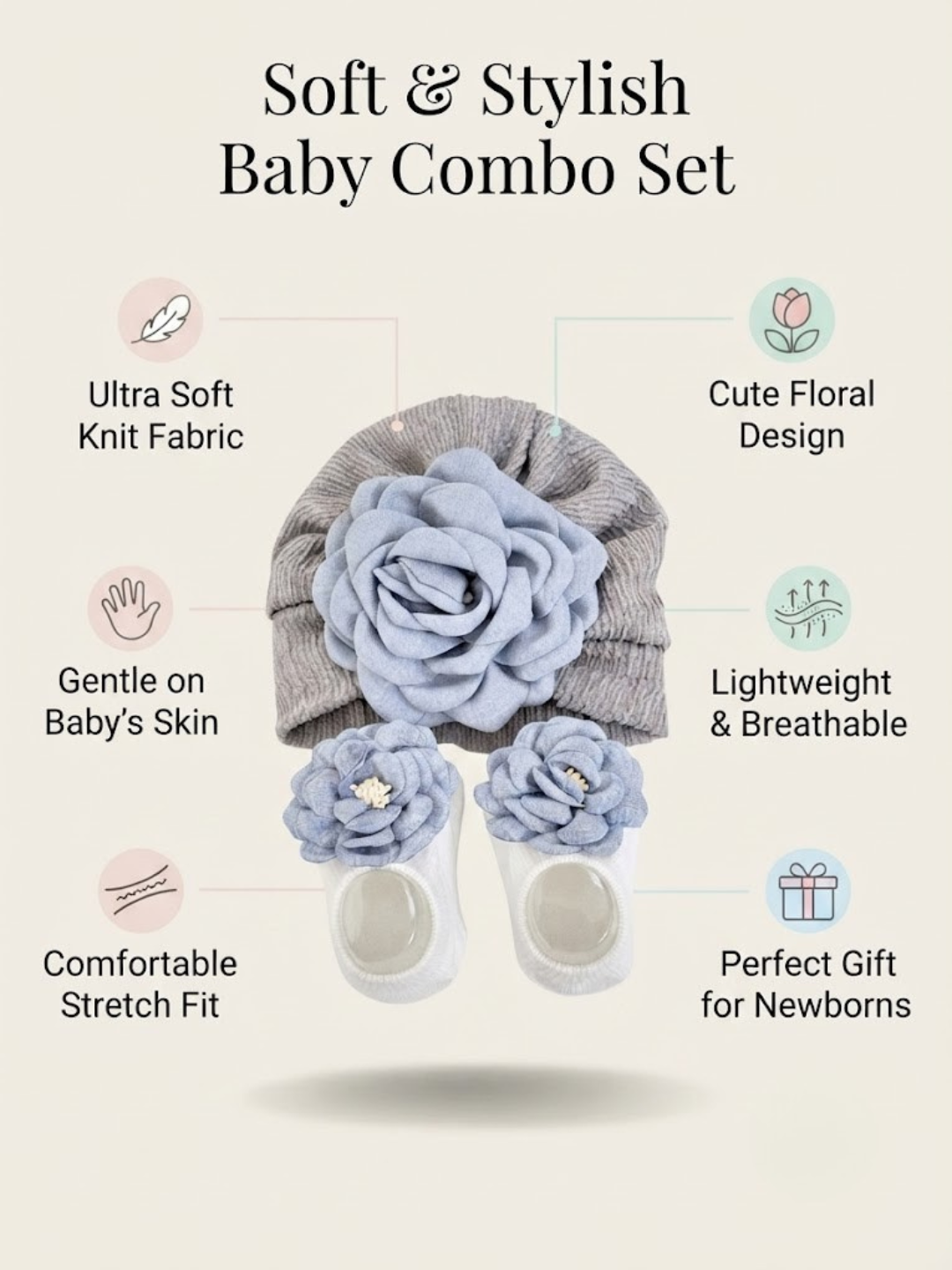 Cdeck Pure Cotton Socks and Cap Set for Baby | Soft Floral Design | Comfortable & Skin-Friendly