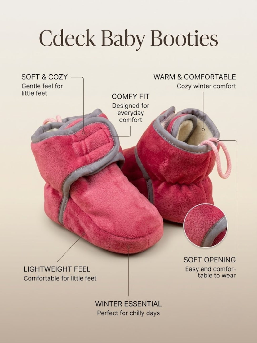 Cdeck Woolen Baby Booties for kids | Soft, Warm & Comfortable Winter Footwear | 3–9 Months | pink