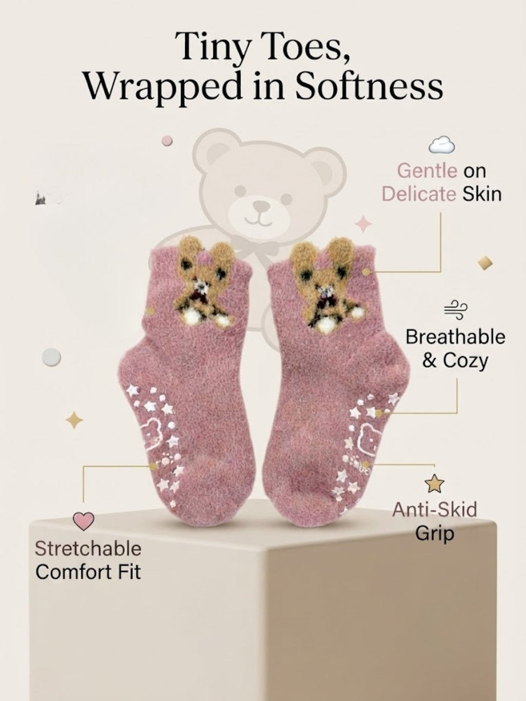 Cdeck Kids Winter Woolen Socks | Soft Fuzzy Rabbit Hair Wool Socks with Anti-Skid Sole | 0–4 Years | Pack of 3 | Multicolor