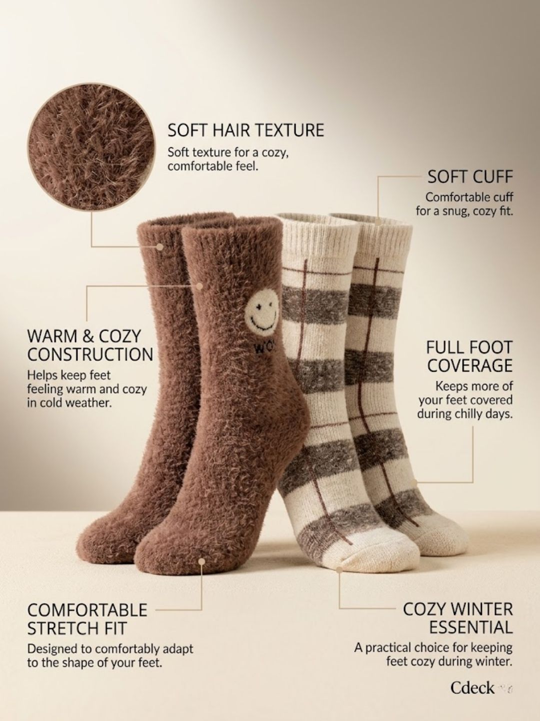 Cdeck Women’s Premium Hair Wool Fuzzy Socks Combo | Soft & Warm Thick Winter Socks |brown & beige