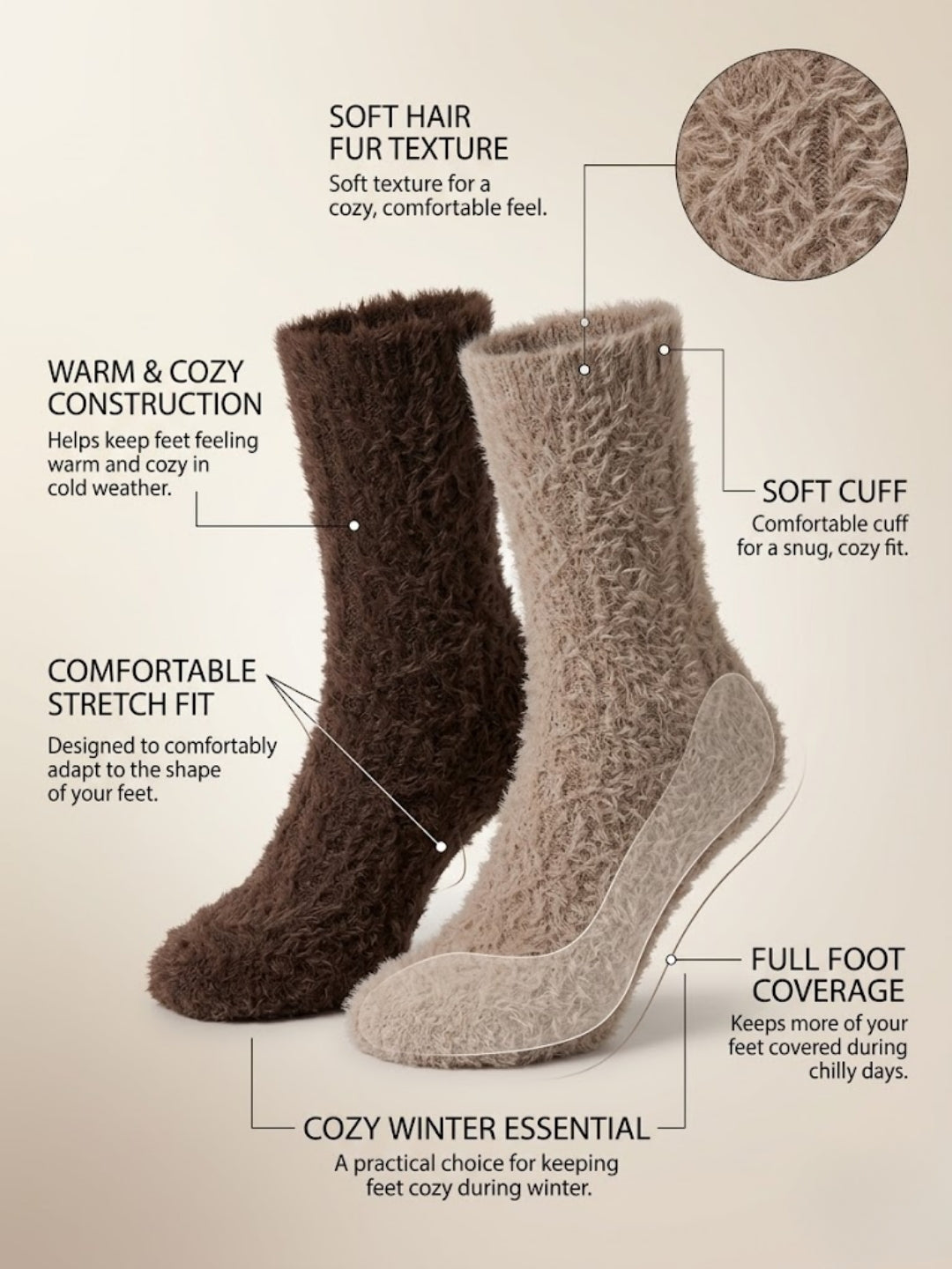 Cdeck Women’s Soft & Warm Woolen Fuzzy Socks | Cozy Thick Winter Socks for Women | Dark Brown & Beige Combo