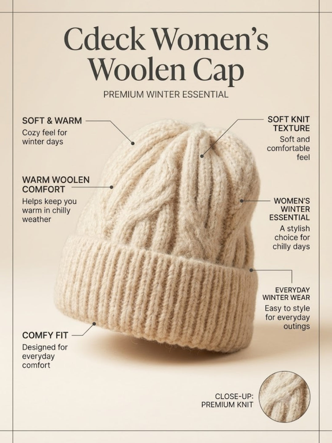 Cdeck Women Woolen Cap | Soft Knitted Winter Beanie for Women | Warm & Stylish Winter Wear | Free Size| Cream
