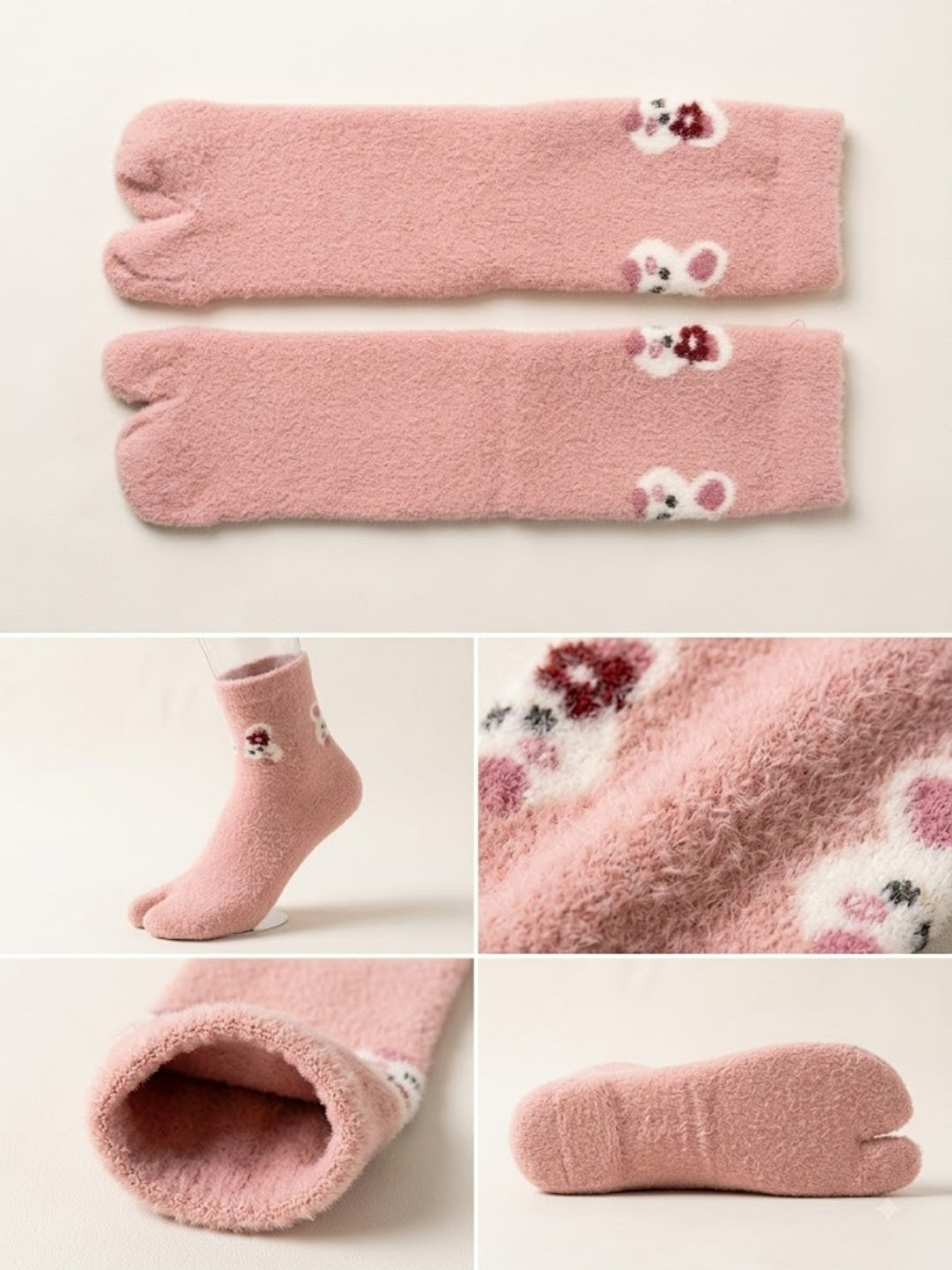 Cdeck Women’s Premium Fuzzy Split-Toe Socks – Cute Bunny Design, Warm Winter Socks | Free Size | Pink
