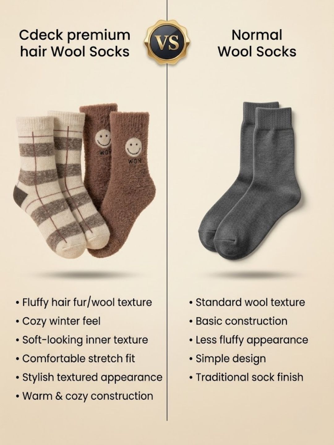 Cdeck Women’s Premium Hair Wool Fuzzy Socks Combo | Soft & Warm Thick Winter Socks |brown & beige