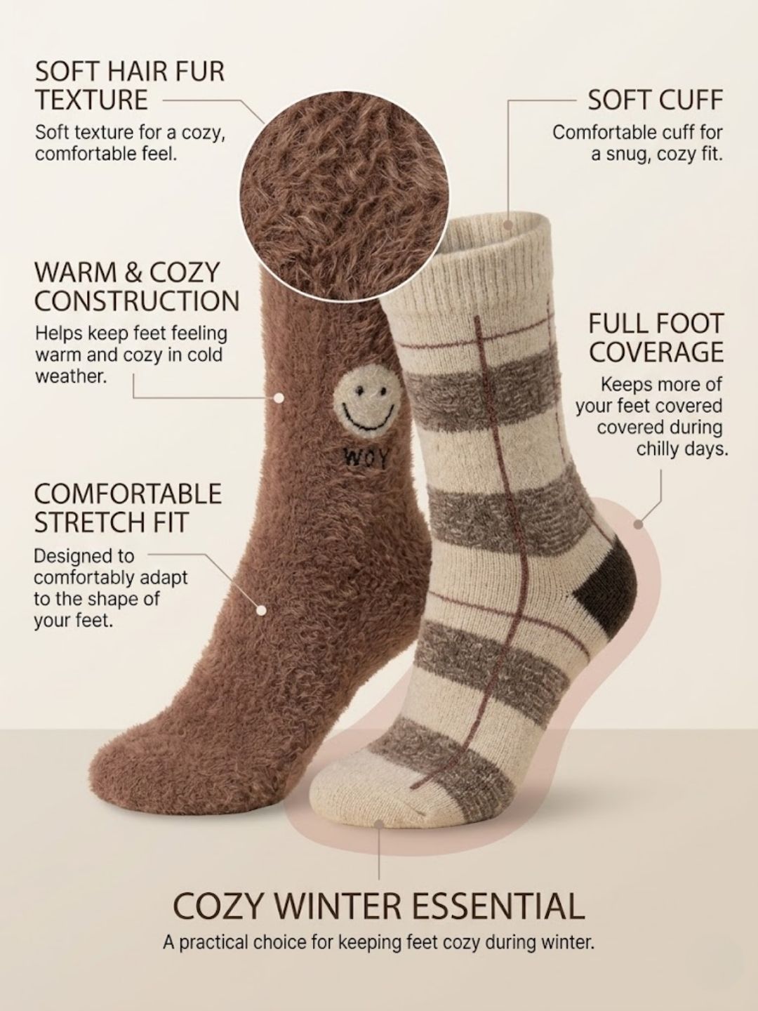 Cdeck Women’s Premium Hair Wool Fuzzy Socks Combo | Soft & Warm Thick Winter Socks |brown & beige