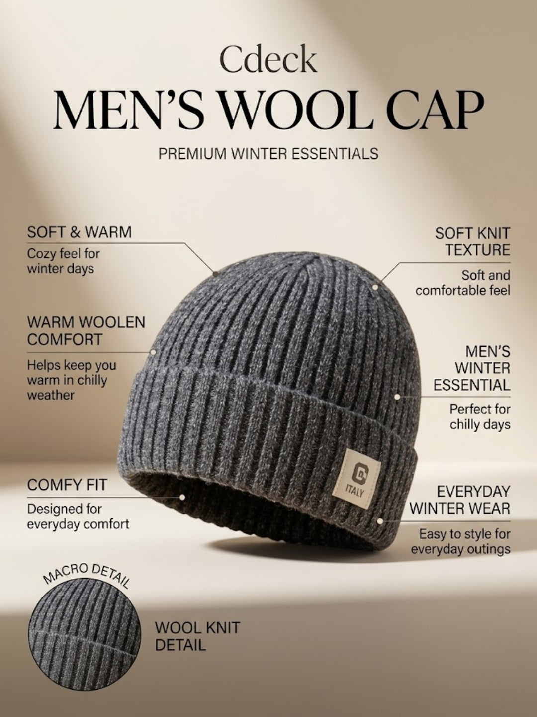 Cdeck Men’s Woolen Winter Cap | Ribbed Knitted Beanie | Free Size | Warm & Comfortable