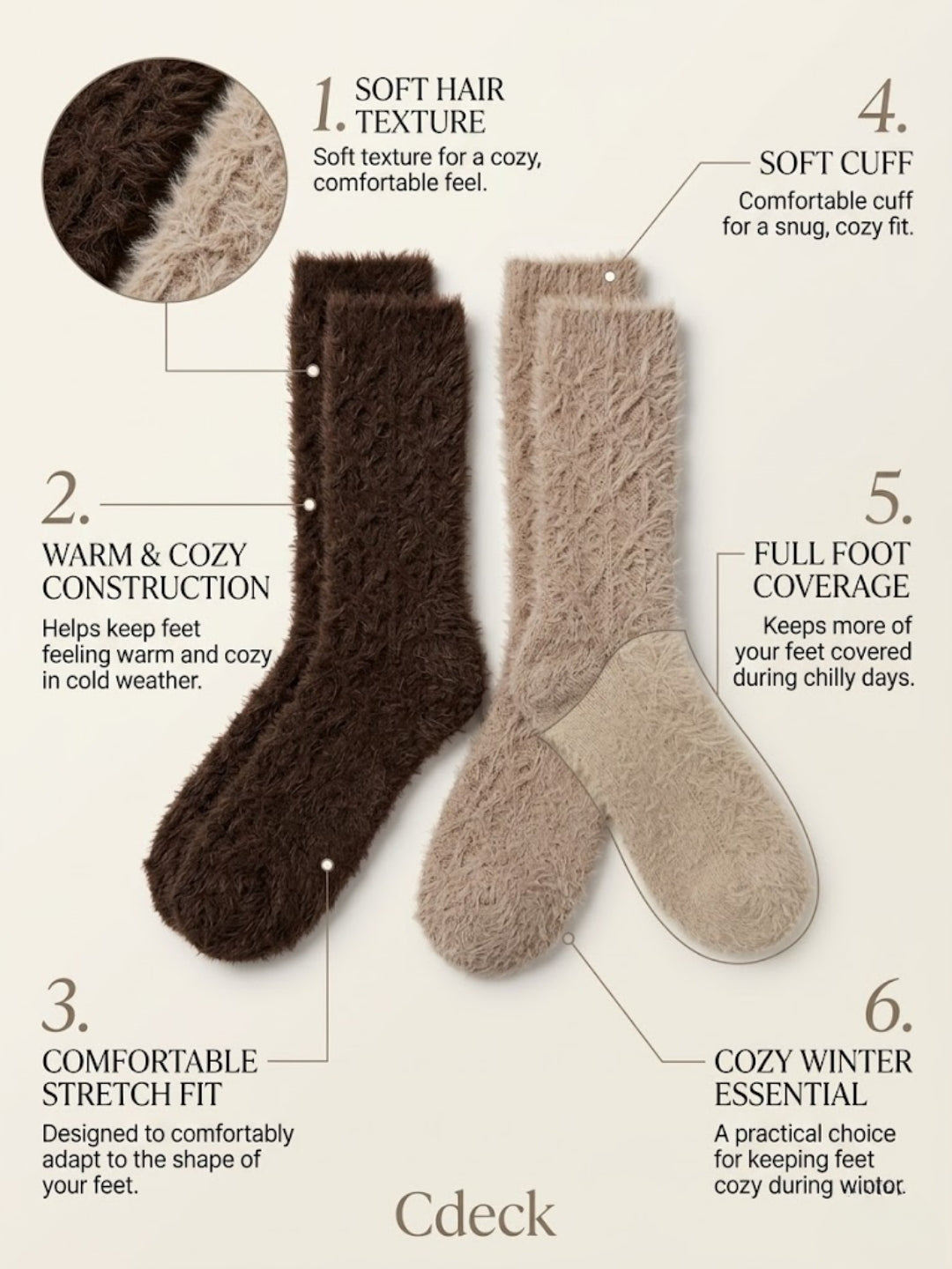 Cdeck Women’s Soft & Warm Woolen Fuzzy Socks | Cozy Thick Winter Socks for Women | Dark Brown & Beige Combo