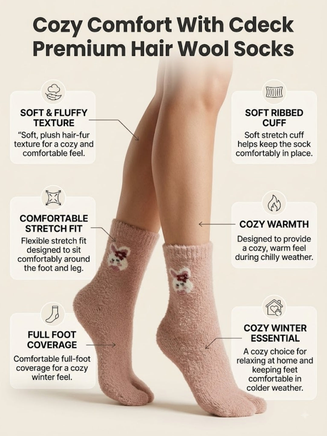 Cdeck Women’s Premium Fuzzy Split-Toe Socks – Cute Bunny Design, Warm Winter Socks | Free Size | Pink