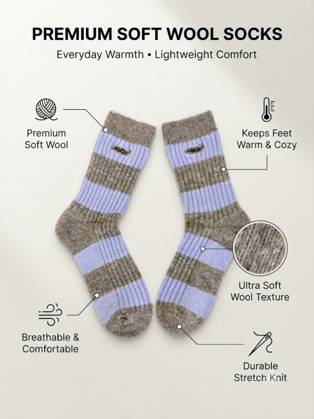 Cdeck Women’s Soft Wool Socks | Warm, Cozy & Stylish Lavender Striped Socks