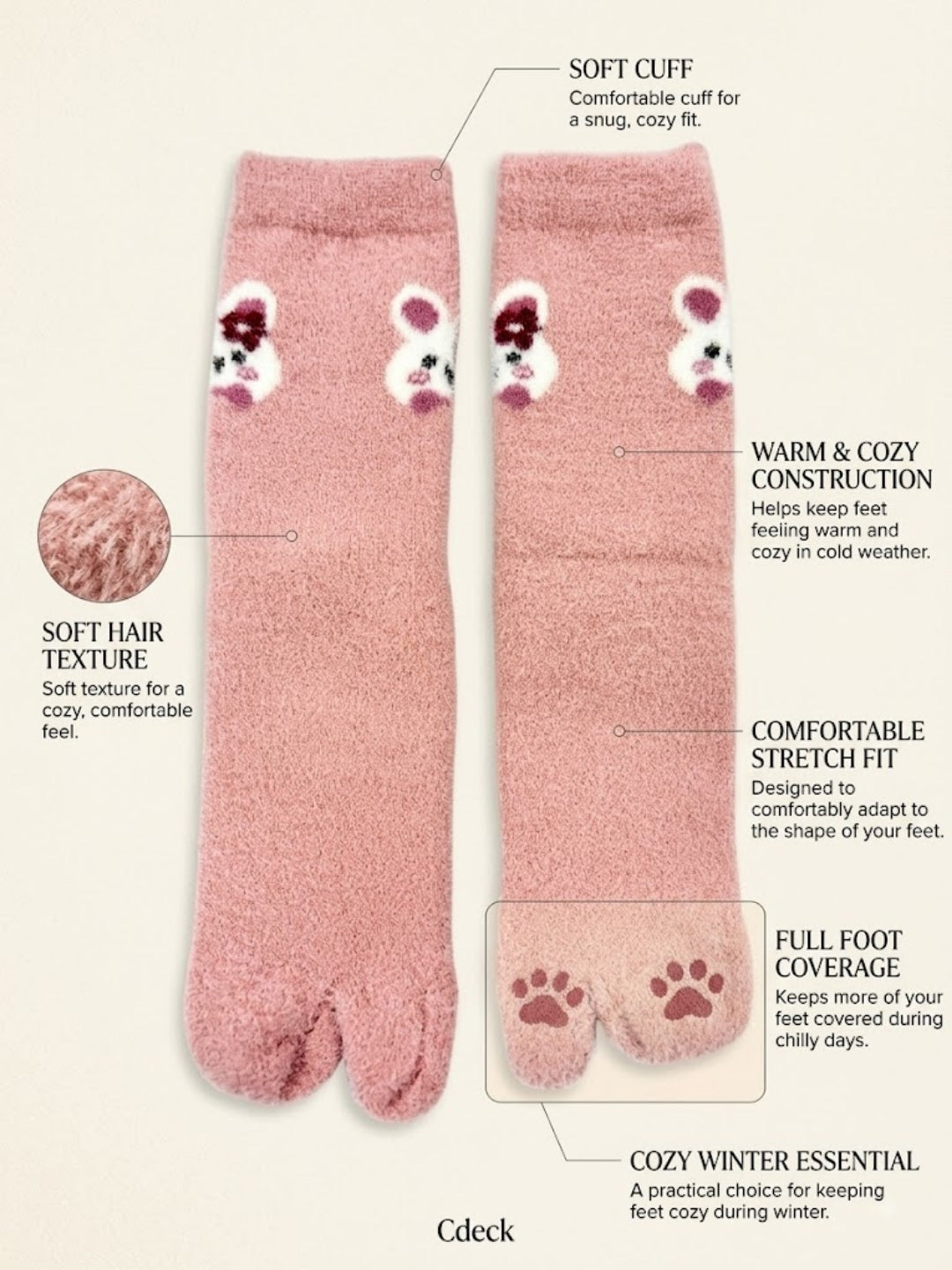 Cdeck Women’s Premium Fuzzy Split-Toe Socks – Cute Bunny Design, Warm Winter Socks | Free Size | Pink