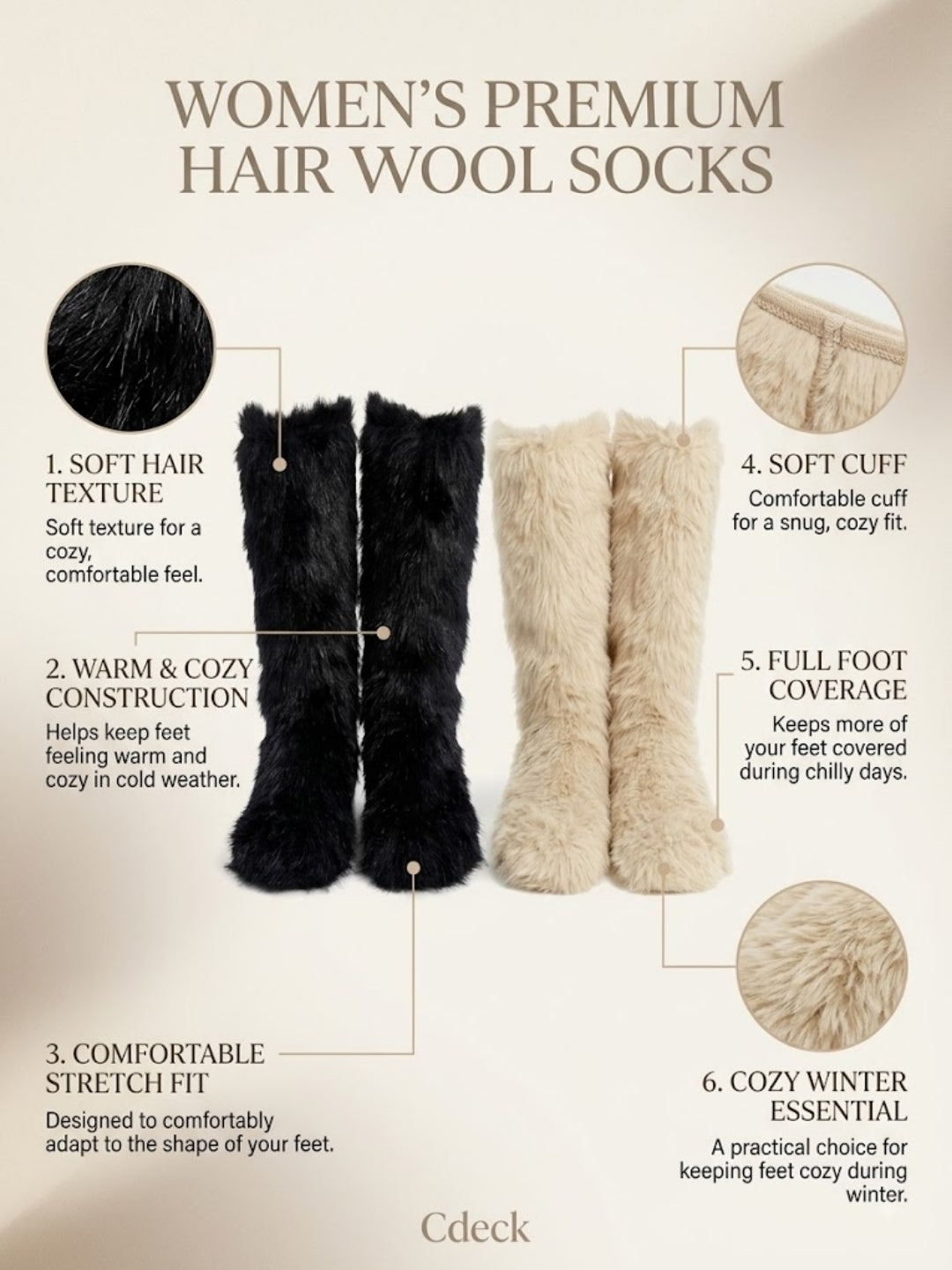Cdeck Women’s Premium Rabbit Hair Wool Fuzzy Socks Combo | Soft & Warm Thick Winter Socks | Black & Beige