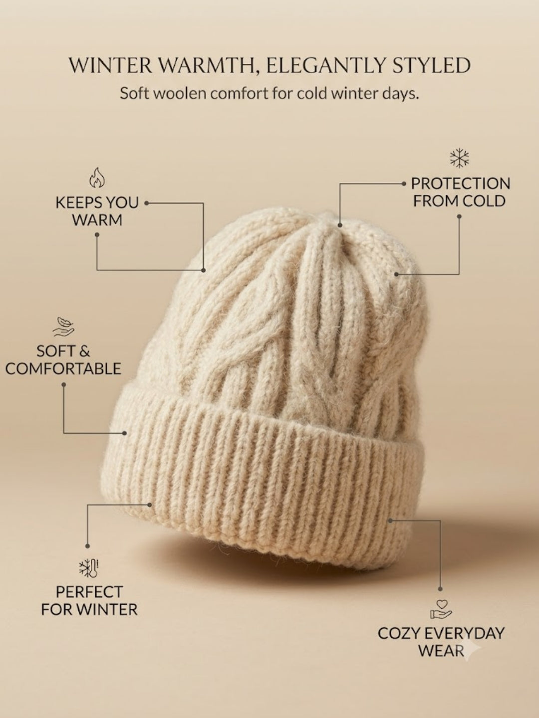 Cdeck Women Woolen Cap | Soft Knitted Winter Beanie for Women | Warm & Stylish Winter Wear | Free Size| Cream