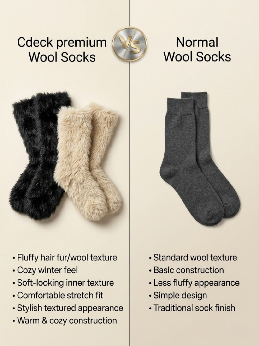 Cdeck Women’s Premium Rabbit Hair Wool Fuzzy Socks Combo | Soft & Warm Thick Winter Socks | Black & Beige