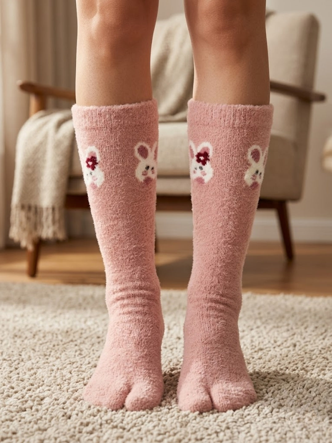Cdeck Women’s Premium Fuzzy Split-Toe Socks – Cute Bunny Design, Warm Winter Socks | Free Size | Pink