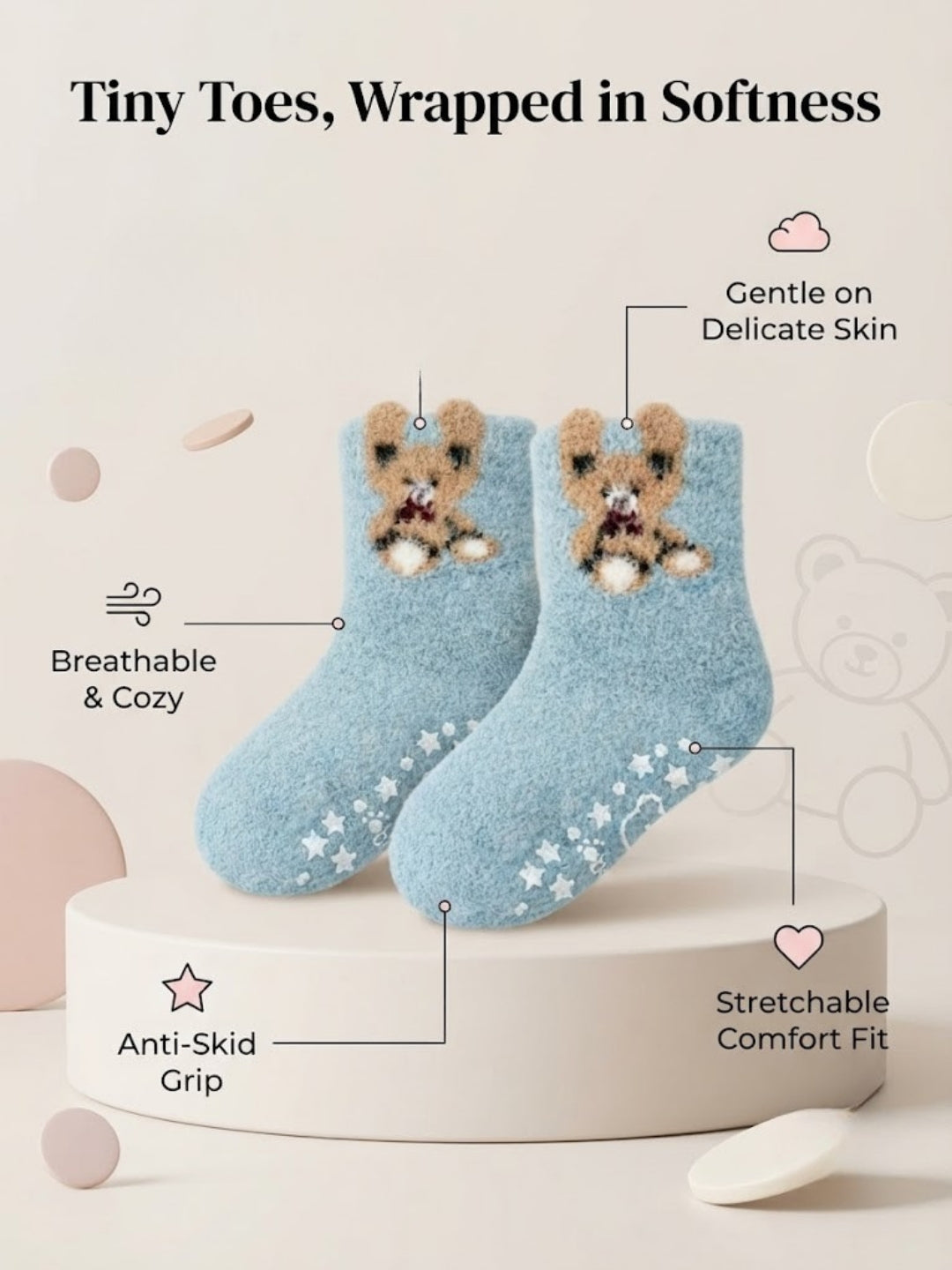 Cdeck Kids Winter Woolen Socks | Soft Fuzzy Rabbit Hair Wool Socks with Anti-Skid Sole | 0–4 Years | Pack of 3 | Multicolor