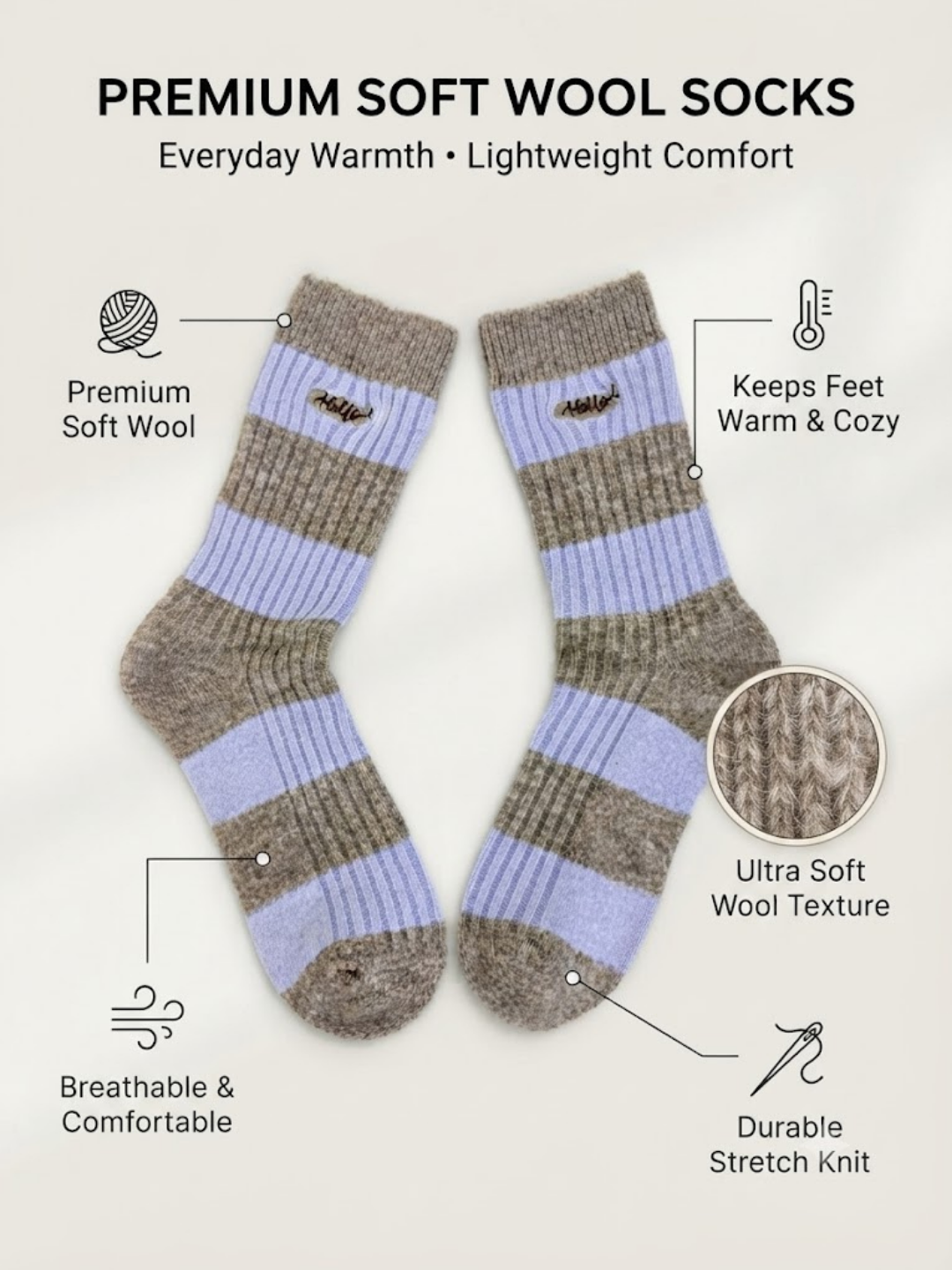 Cdeck Women’s Soft Wool Socks | Warm, Cozy & Stylish Lavender Striped Socks