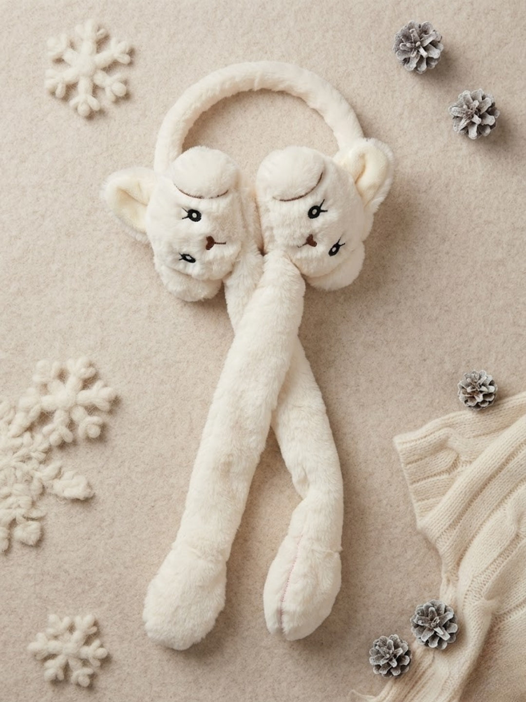 Cdeck Velvet White Bear Earmuffs for Girls & Women, Soft Warm Winter Earmuffs with Long Hanging Ear Covers, Free Size