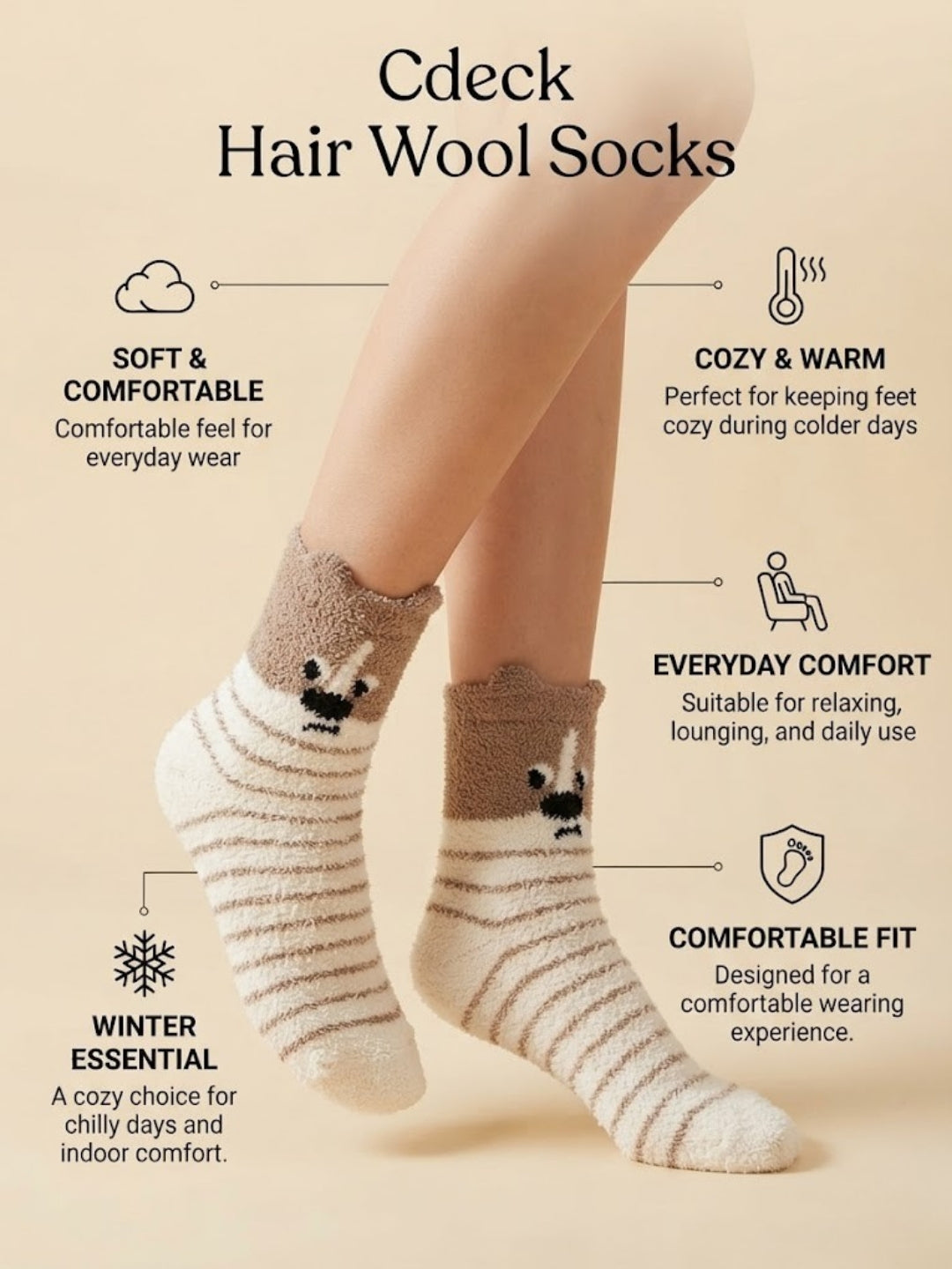 Cdeck Rabbit Hair Wool Socks for Women, Fuzzy Warm Winter Socks with Cute Bear Pattern