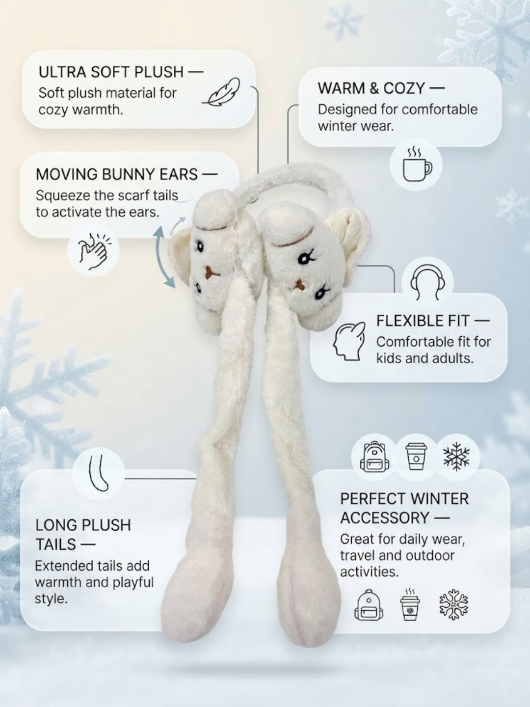 Cdeck Velvet White Bear Earmuffs for Girls & Women, Soft Warm Winter Earmuffs with Long Hanging Ear Covers, Free Size