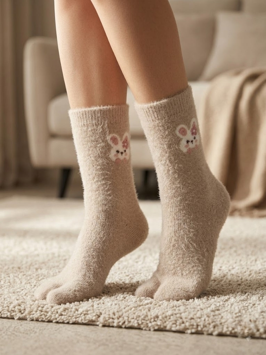 Cdeck Women’s Premium Fuzzy Split-Toe Socks – Cute Bunny Design, Warm Winter Socks |  Free Size |  Beige